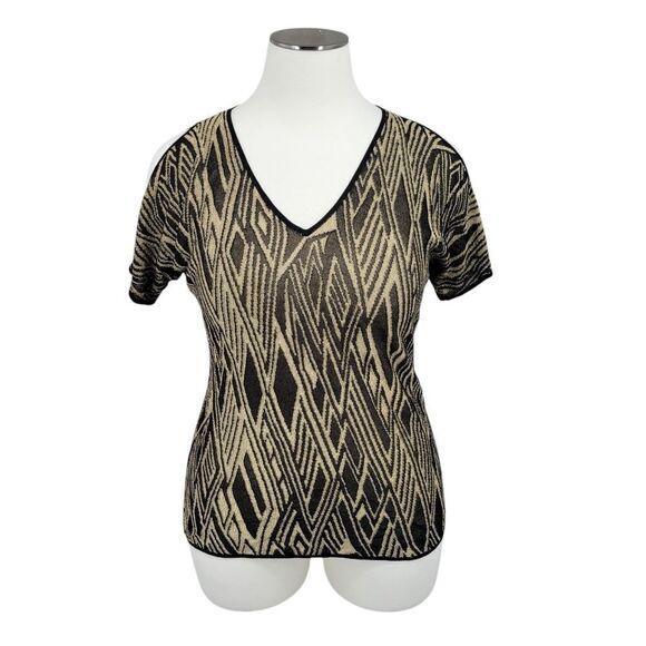 Lauren Ralph Lauren Gold and Black Knit Vneck Cold Shoulder Short Sleeve Top - Picture 1 of 9